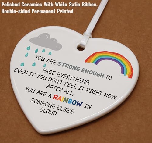 Inspirational Affirmations and Funny Reminder - Positive Motivational Encouragement Gift - You Are Strong Enough Rainbow Rain Theme Ceramic Heart Shaped Ornament
