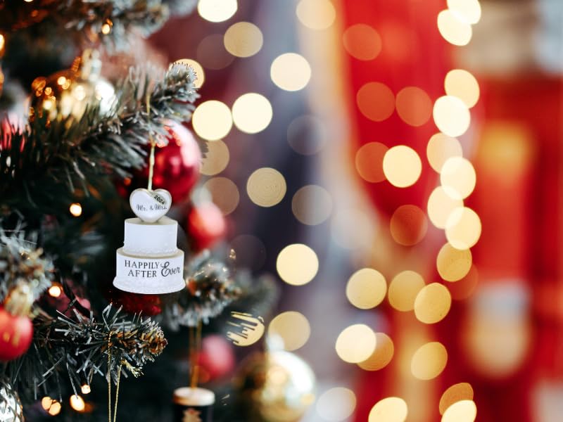 Our First Christmas Married Ornament 2025 Wedding Ornament with Happily Ever After, 3D Wedding Cake Ornament w/Gold Trim in gift box - can be personalized at home