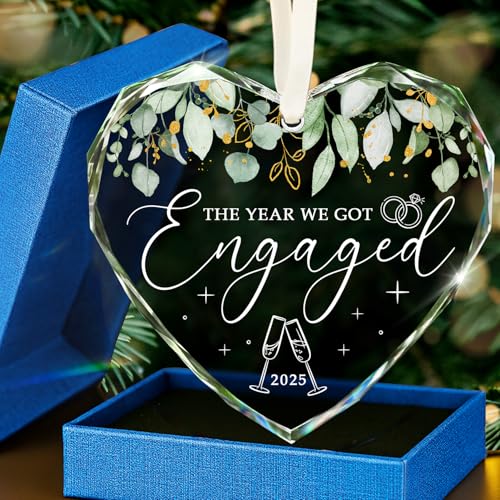 HEXMOZ Engagement Gifts for Couples - Engagement Gifts for Newly Engaged Couples, Bride to Be, Women, Fiance, Her - Just Engaged Gift, First Christmas Heart Shaped Glass Ornament 2025 Party Decoration