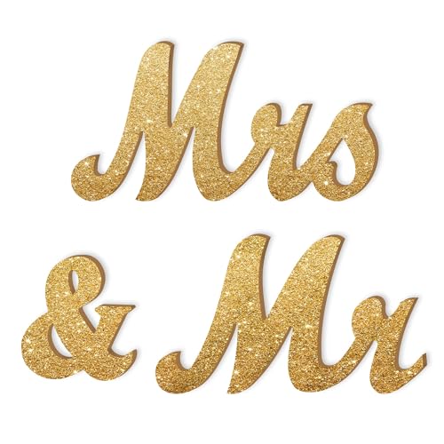 Mr and Mrs Tabletop Wedding Decoration - Wooden Freestanding Letters for Photo Props - Golden Glitter Decor Gift for Bridal Shower Anniversary Party