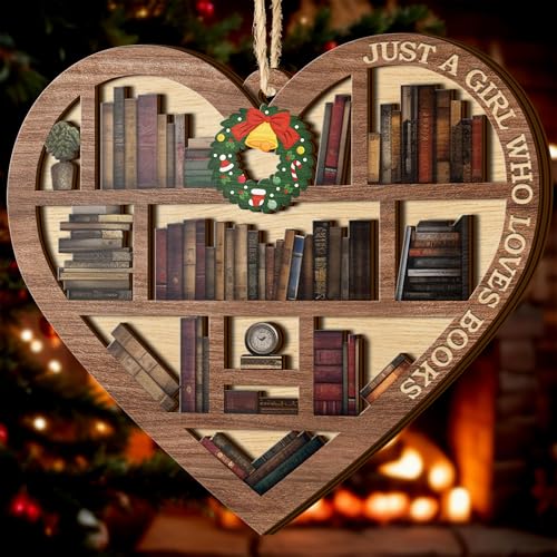 All Over Printed Book Lovers Ornament, Bookshelf Heart Christmas Ornament, 3.2"x3.5" 2 Layer, Gift for Girl Book Lovers, Gift Idea for Christmas