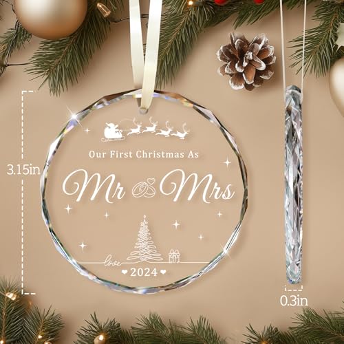 Wedding Gifts, Mr and Mrs Gifts, First Christmas Married Ornament 2024, Wedding Gift for Couple, Unique Crystal Bridal Shower Gift for Bride