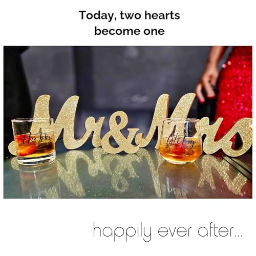 Mr and Mrs Tabletop Wedding Decoration - Wooden Freestanding Letters for Photo Props - Golden Glitter Decor Gift for Bridal Shower Anniversary Party