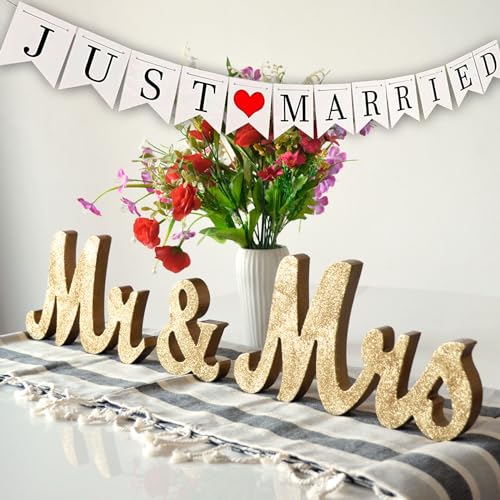 Mr and Mrs Tabletop Wedding Decoration - Wooden Freestanding Letters for Photo Props - Golden Glitter Decor Gift for Bridal Shower Anniversary Party
