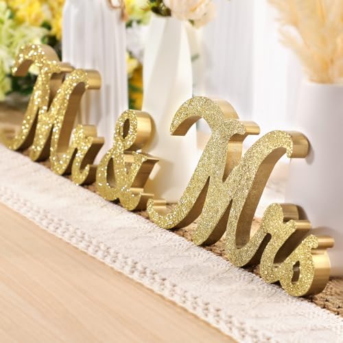Jetec Mr and Mrs Sign Vintage Style Wooden Glitter Mr and Mrs Letters Sign Wedding Sweetheart Table Decorations for Wedding Party Photo Prop Table Decoration(Gold)