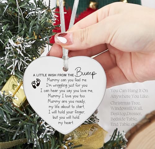 Baby Bump New Mom Present - Mama to Be Pregnancy Announcement Keepsake - Heart Shaped Sign Plaque Ceramic Ornament Christmas Decor