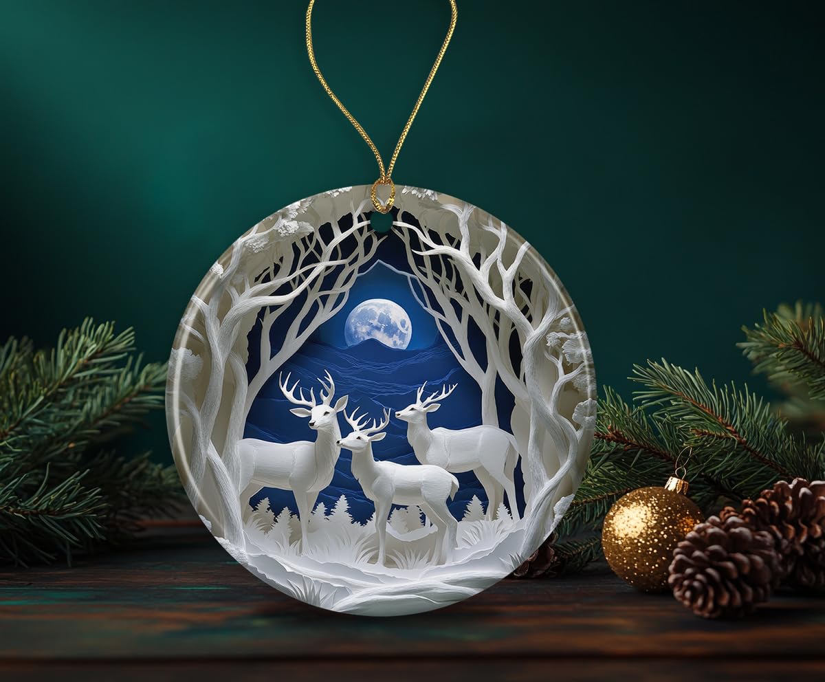 Deer Christmas Ornament - 3D Effect Deer Ornament - Christmas Keepsake - Ceramic Ornament - Xmas Holiday Ornament for Family Printed on Both Sides