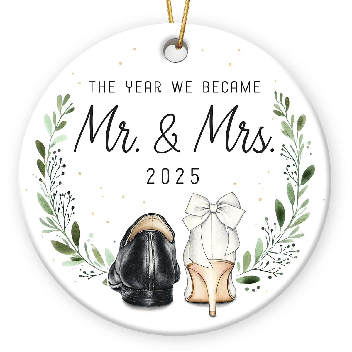 First Christmas Married Ornament 2025 - Engagement Gifts for Couples, Double Sided Ceramic Mr and Mrs Ornaments as Bridal Gift for Bride, Groom, Unique Wedding Gifts for Newlyweds Friends