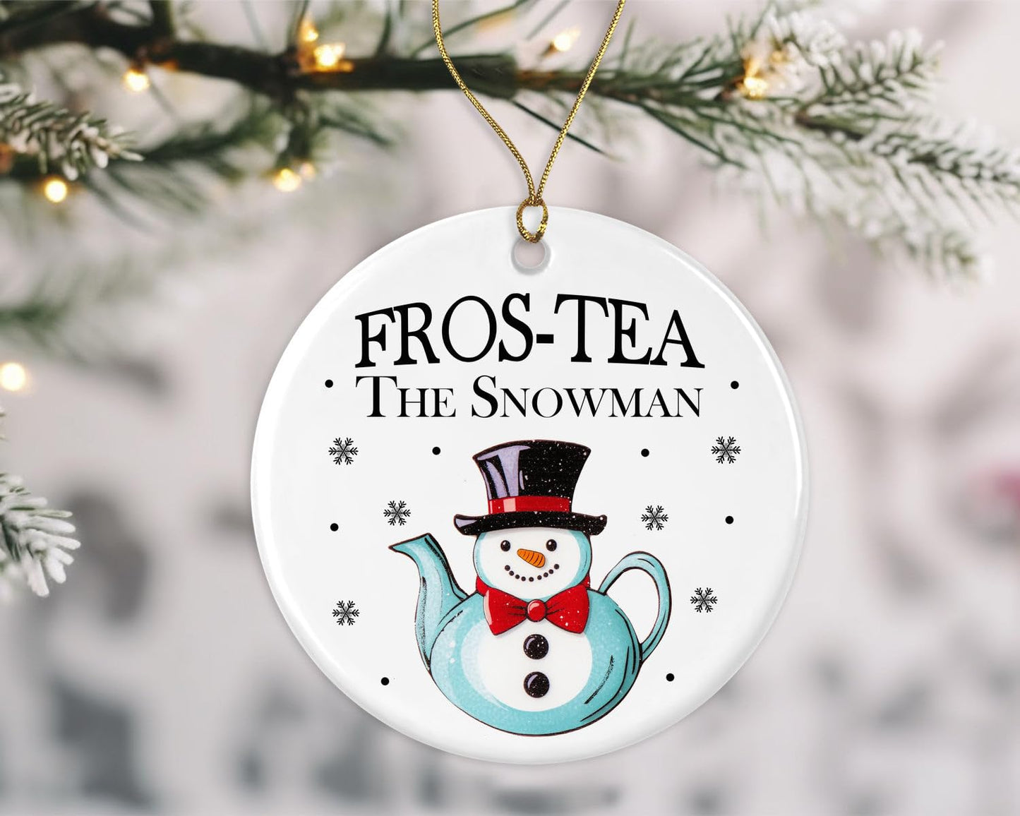 Fros-Tea The Snowman Ornament, Cute Teapot Snowman Ornament, Tea Collection Christmas Ornament, Tea Lover Gift Ornament, Tea Time Ornament, Teapot Christmas Ornament Printed on Both Sides