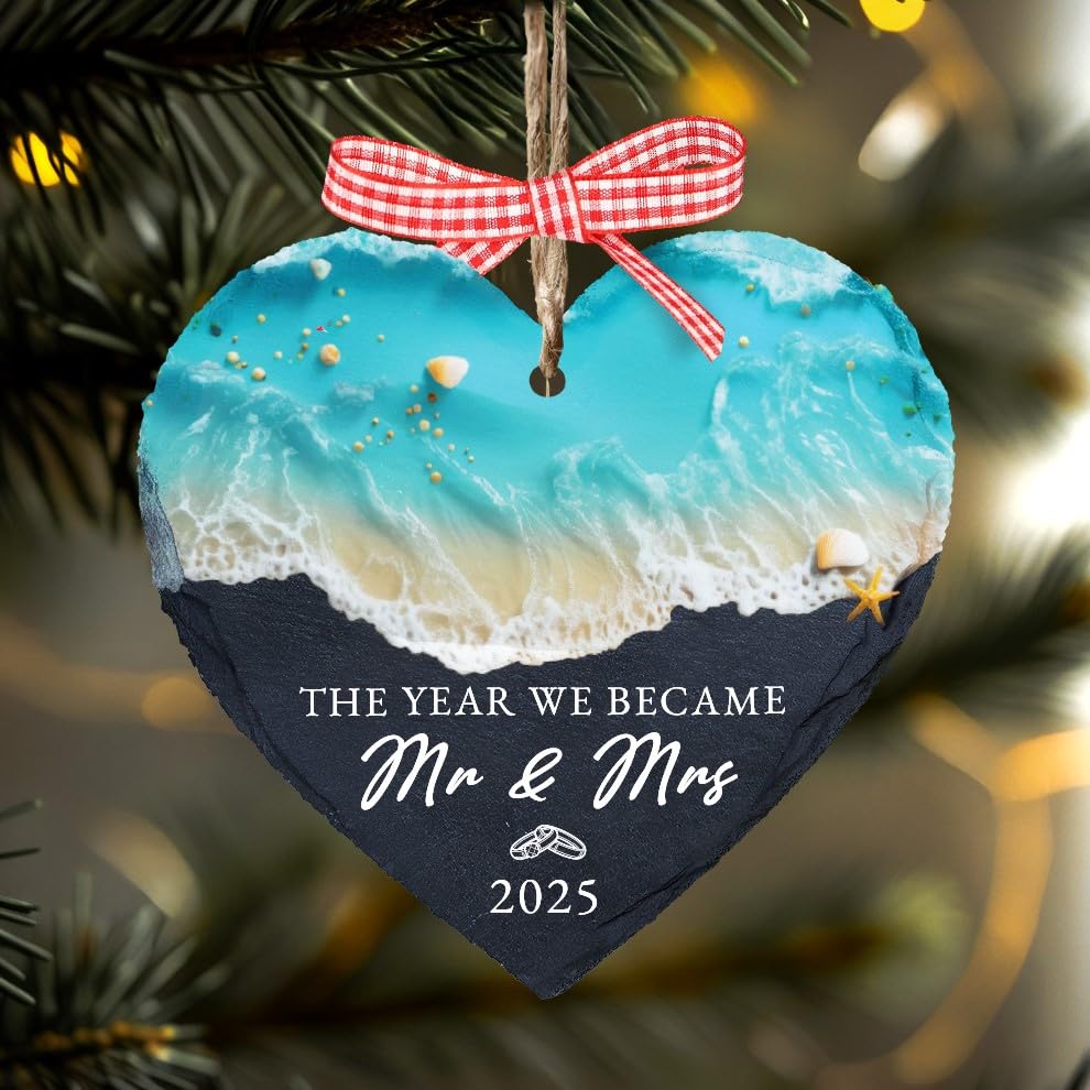 First Christmas Married Ornament 2025, Wedding Gifts for Couples, The Year We Became Mr and Mrs, Newlywed Just Married 1st Xmas Gift for Bridal Shower, Stone Ornament HOT25