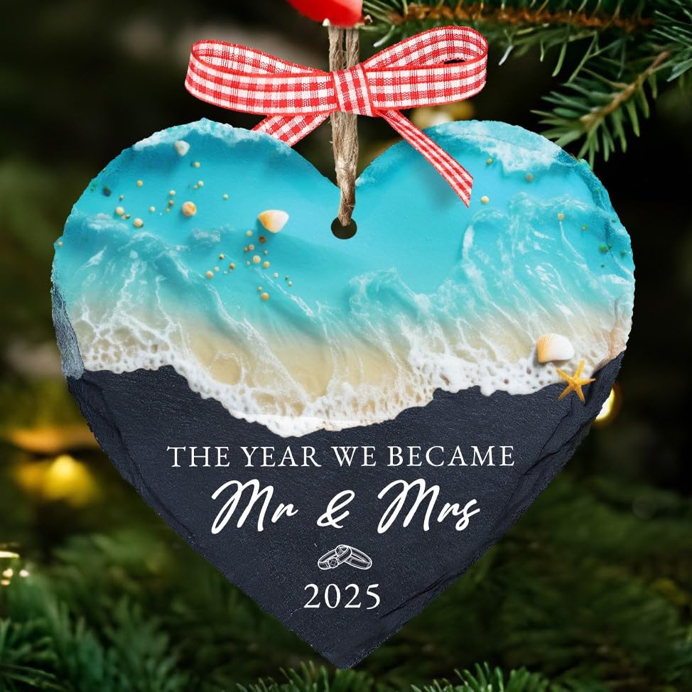 First Christmas Married Ornament 2025, Wedding Gifts for Couples, The Year We Became Mr and Mrs, Newlywed Just Married 1st Xmas Gift for Bridal Shower, Stone Ornament HOT25