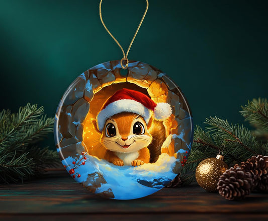 Cute Squirrel Ornament - Squirrel Ceramic Ornament - Squirrel Christmas Holiday Ornament - Xmas Haning Round Ornament - Merry Ornament Printed on Both Sides
