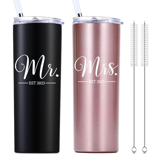 Mr and Mrs Est 2025 20 OZ Skinny Tumbler.Engagement Wedding Wife Husband Bride Groom Couple Gifts.Newlyweds Anniversary Bride To Be Newly Engaged Bridal Shower Gifts.(Black&Rose Gold)