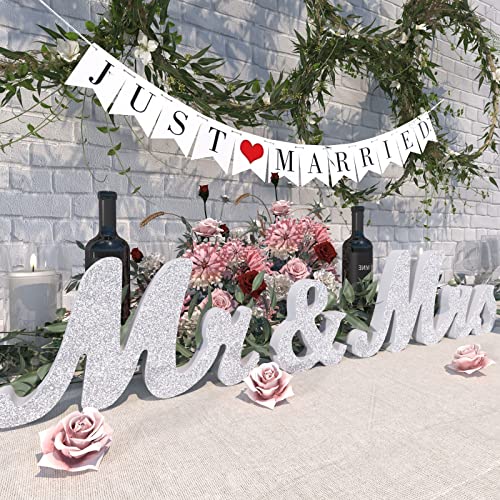 Mr & Mrs Sign & Just Married Banner - Large Sliver Wooden Sweetheart Table Decorations, Photo Props & Anniversary Party Head Table Decoration