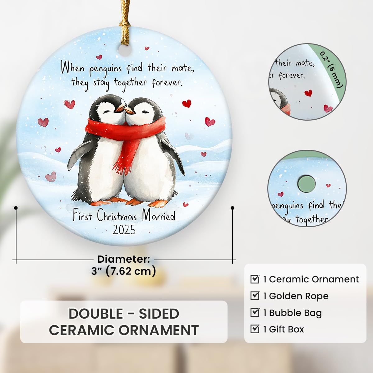First Christmas Married Ornament 2025 - Wedding Gifts for Newlyweds, Double Sided Ceramic Ornament for Christmas Tree Decorations, Gifts for Newly Engaged Couples, Gift for Bride