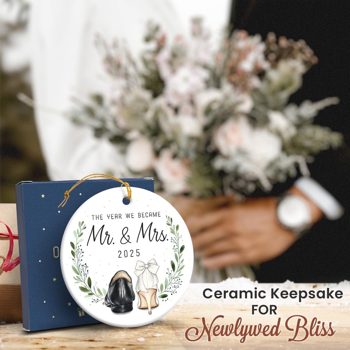 First Christmas Married Ornament 2025 - Engagement Gifts for Couples, Double Sided Ceramic Mr and Mrs Ornaments as Bridal Gift for Bride, Groom, Unique Wedding Gifts for Newlyweds Friends