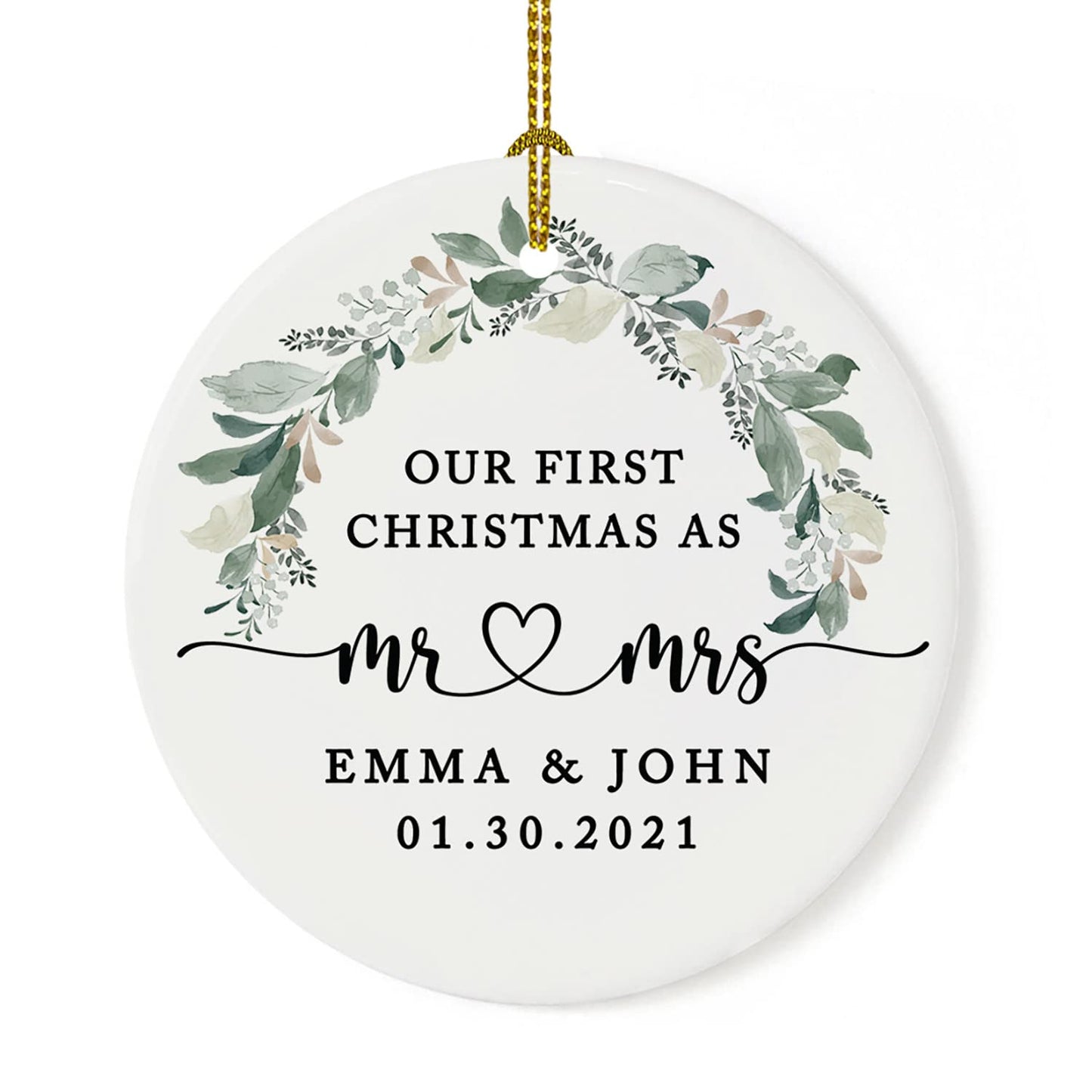 Andaz Press Personalized Our First Christmas As Mr. & Mrs. 2025 Christmas Ornaments Foliage Wreath 2.8" Round Porcelain Ceramic 1st Year Married Custom Ornament Keepsake for Newlyweds 1-Pack