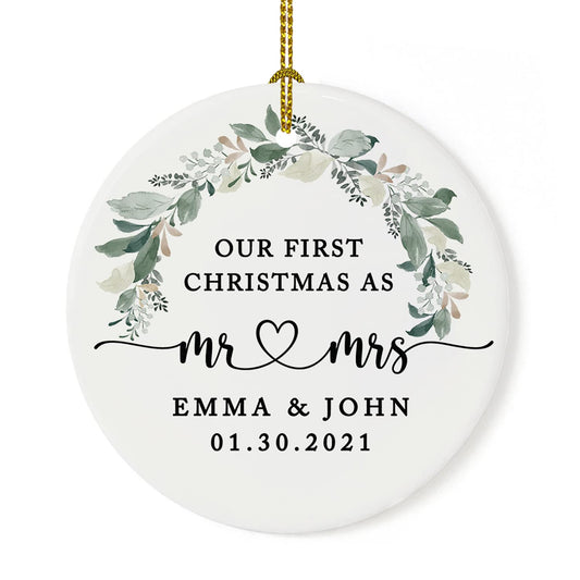 Andaz Press Personalized Our First Christmas As Mr. & Mrs. 2025 Christmas Ornaments Foliage Wreath 2.8" Round Porcelain Ceramic 1st Year Married Custom Ornament Keepsake for Newlyweds 1-Pack