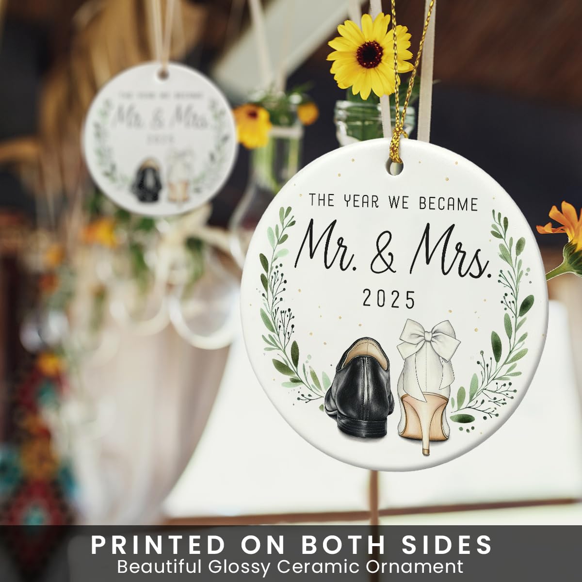 First Christmas Married Ornament 2025 - Engagement Gifts for Couples, Double Sided Ceramic Mr and Mrs Ornaments as Bridal Gift for Bride, Groom, Unique Wedding Gifts for Newlyweds Friends