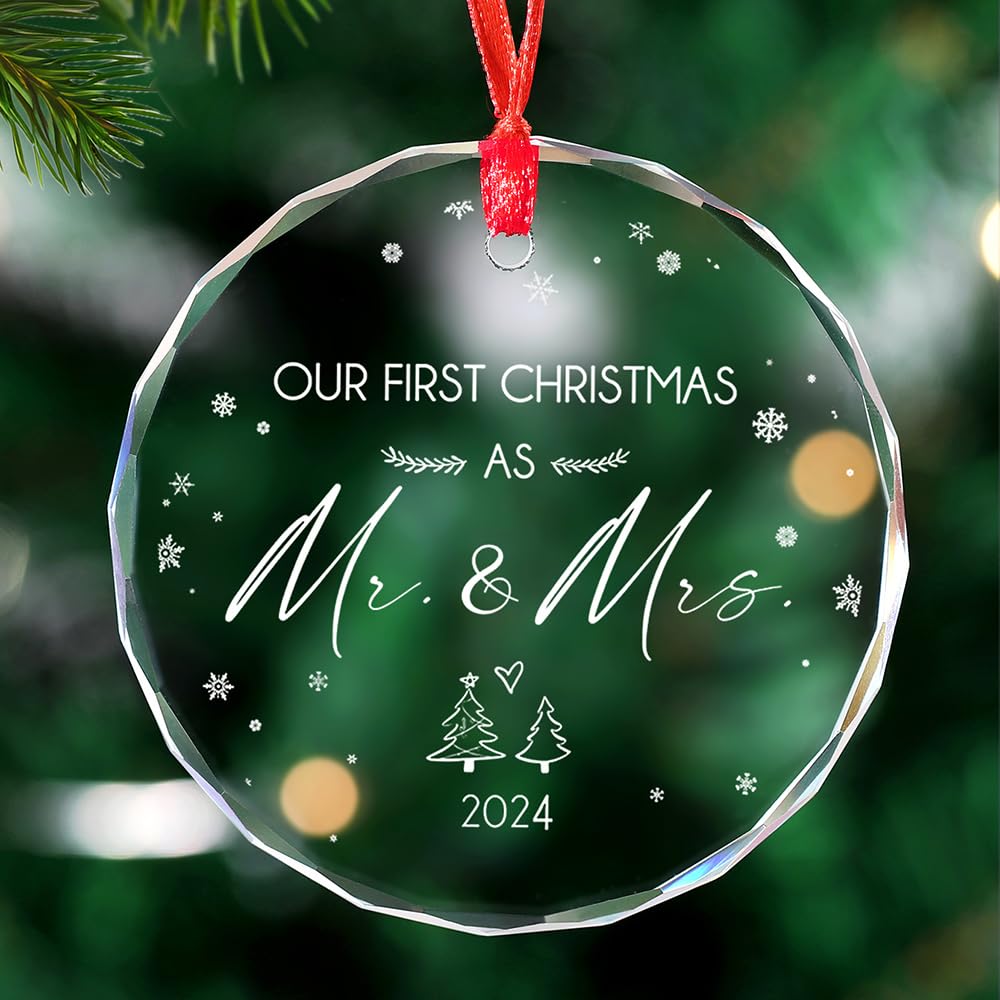 Tesuivra Our First Christmas Ornament,Our First Christmas as Mr. and Mrs. 2024,Wedding for Couple,Just Married Ornament,Mr and Mrs Gifts-Christmas Tree Decoration Glass Ornament Xmas Gift 03