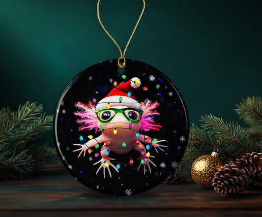 Axolotl and Christmas Light Ornament - Axolotl Christmas Ornament - Cute Axolotl Ceramic Ornament - Funny Holiday Ornament - Animal Ornament Printed on One Side