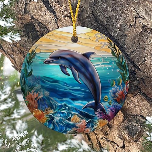 Dolphin Ornament Decor,Ocean Animal Christmas Ornament,Dolphin Round Ceramic Ornament,Ornament for Living Room Walls Window Car Outdoor Decor,Retirement Birthday Holiday Ornament Gifts for Women Men