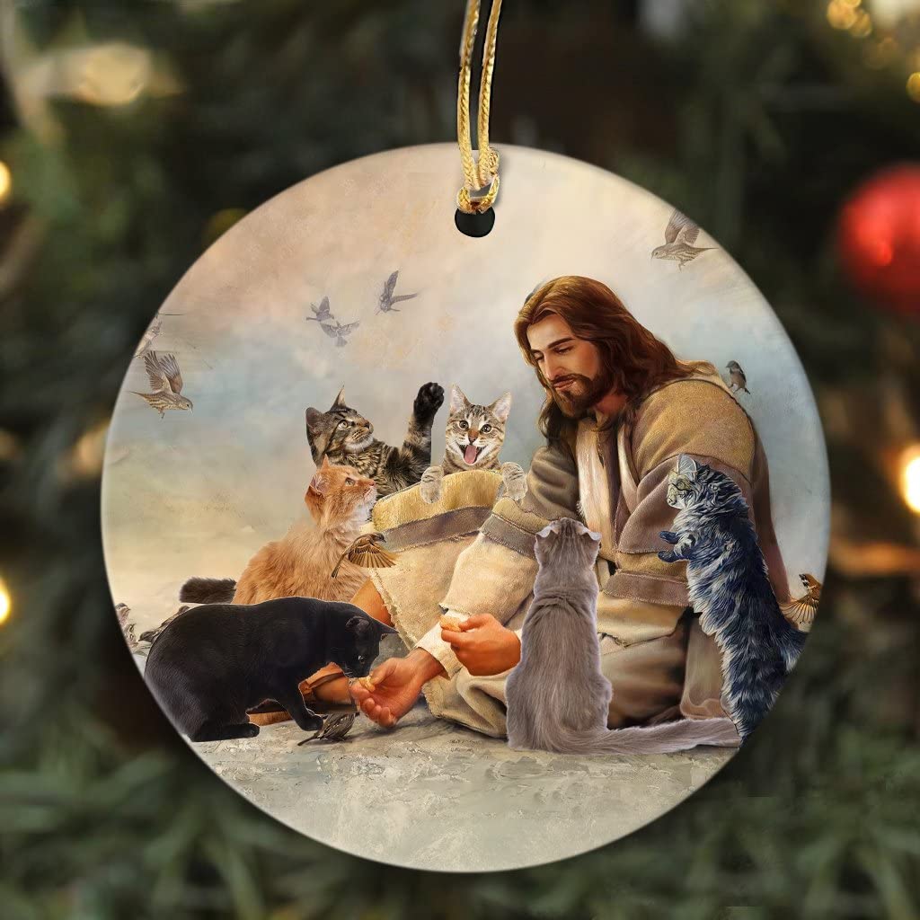 Jesus Loves Cat Christmas Tree Ceramic Ornament Gift for Cat Lovers, Cat Christmas Tree Ornament, Cat Ornament, Christmas Ornament, Hanging Ornament, Christmas Tree Decor - PTU - TXH