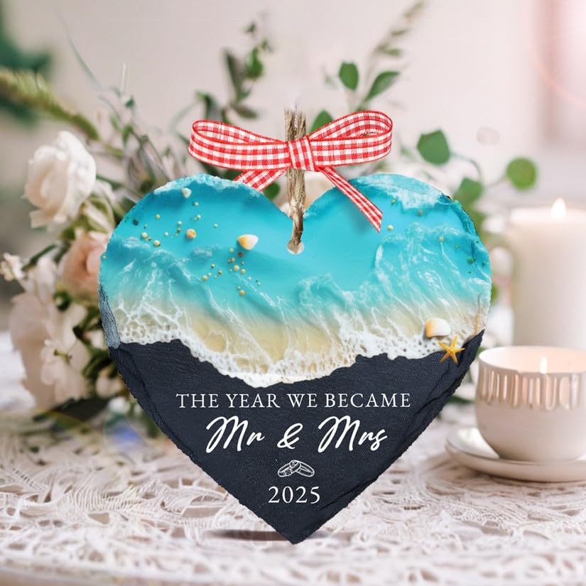 First Christmas Married Ornament 2025, Wedding Gifts for Couples, The Year We Became Mr and Mrs, Newlywed Just Married 1st Xmas Gift for Bridal Shower, Stone Ornament HOT25
