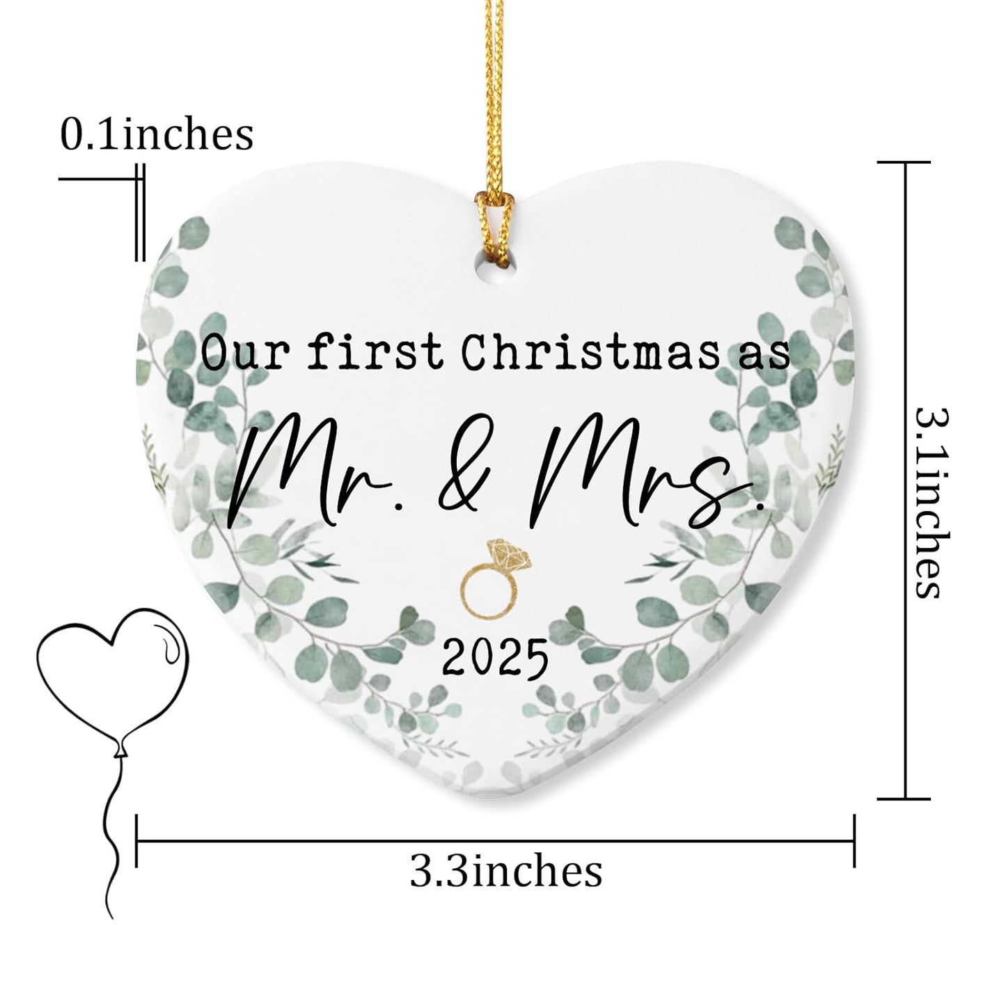 First Christmas Married Ornament 2025 Mr and Mrs Gifts Just Married Ornaments Wedding Registry Ideas Gifts for Newly Couples Christmas Ceramic Heart Ornament