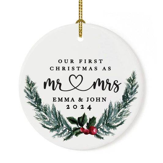 Andaz Press Personalized Our First Christmas As Mr. & Mrs. Christmas Ornaments Holly & Pine Wreath 2.8" Round Porcelain Ceramic Custom 1St Year Married Christmas Ornament 2024 for Newlyweds 1-Pack