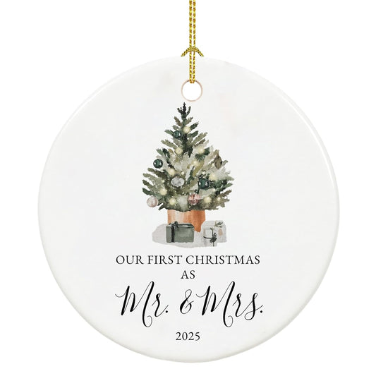 Our First Christmas Married Ornament 2025, Just Married Gifts for Couple, Mr and Mrs, Ceramic Keepsake with Ribbon and Gift Box