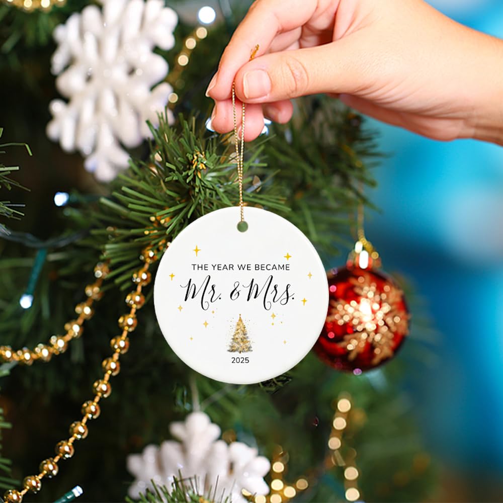 Just Married Gifts First Christmas Married Ornament 2025,1st Christmas Married Ornament 2025, Mr and Mrs Gifts for Newlyweds, 2.9" Ceramic First Year Married Christmas Ornament 2025