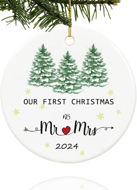 Our First Christmas Married Ornament 2023,Just Married Christmas Ornament as Mr and Mrs, First Year Newlywed 2.9" Ceramic Round Ornament, Wedding Decoration for Couple Married