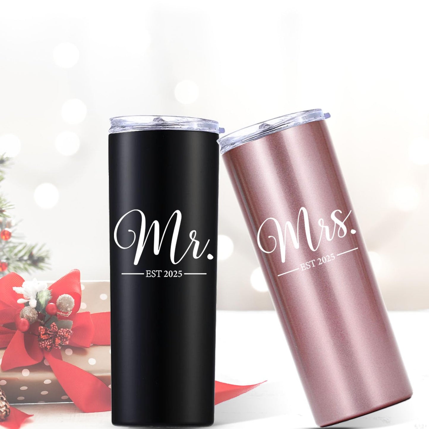 Mr and Mrs Est 2025 20 OZ Skinny Tumbler.Engagement Wedding Wife Husband Bride Groom Couple Gifts.Newlyweds Anniversary Bride To Be Newly Engaged Bridal Shower Gifts.(Black&Rose Gold)