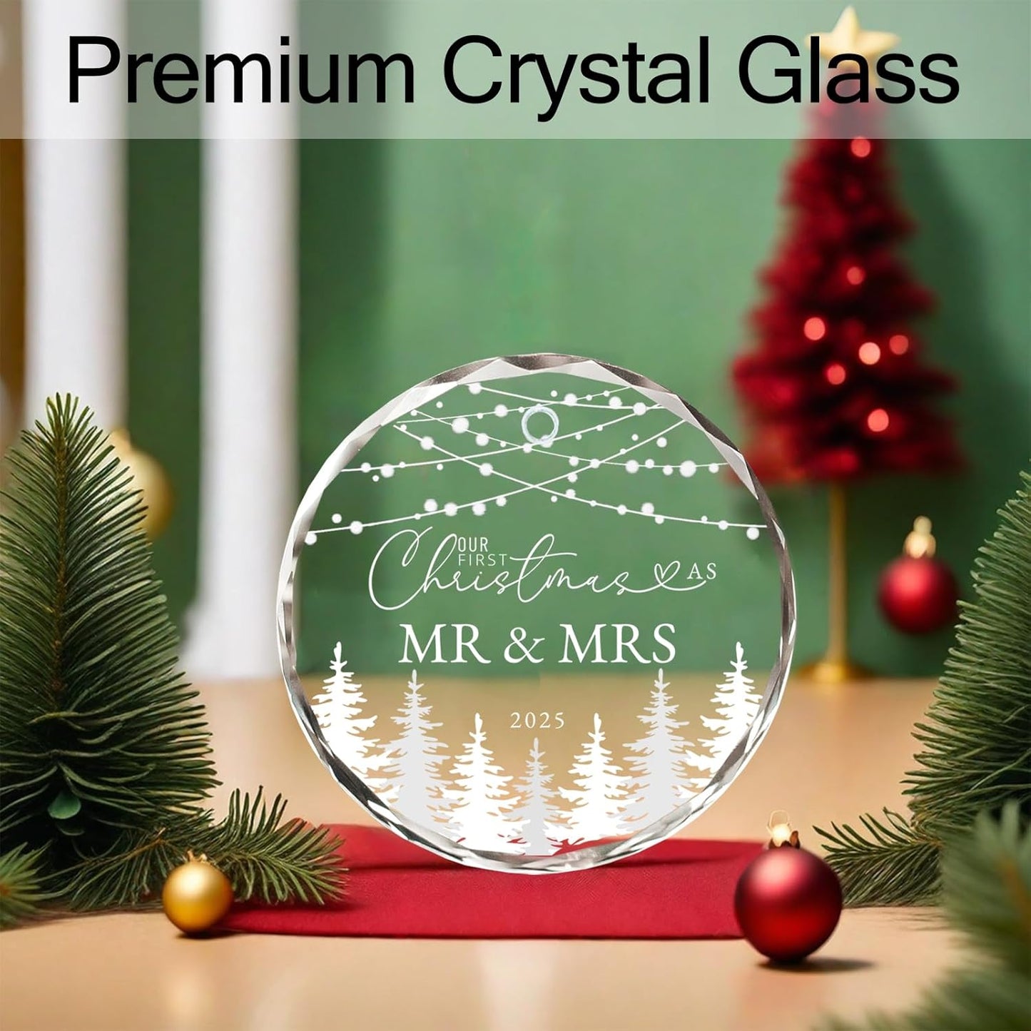 Just Married Gifts First Christmas Married Ornament 2025, Mr and Mrs Gifts for Couples, Glass Keepsake Wedding Christmas Ornament 2025 with Ribbon and Box