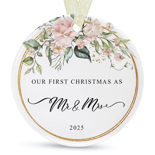 First Christmas as Mr and Mrs Ornament 2025,1st Year Wedding Ornament for Newlywed,Our First Married Christmas Ornament,Ceramic Hanging Decoration for Couples Just Married with Gift Box&Ribbon 2.9"