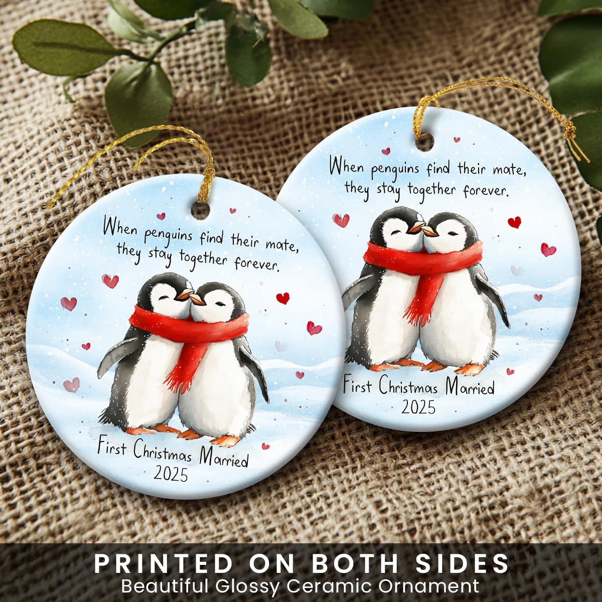 First Christmas Married Ornament 2025 - Wedding Gifts for Newlyweds, Double Sided Ceramic Ornament for Christmas Tree Decorations, Gifts for Newly Engaged Couples, Gift for Bride