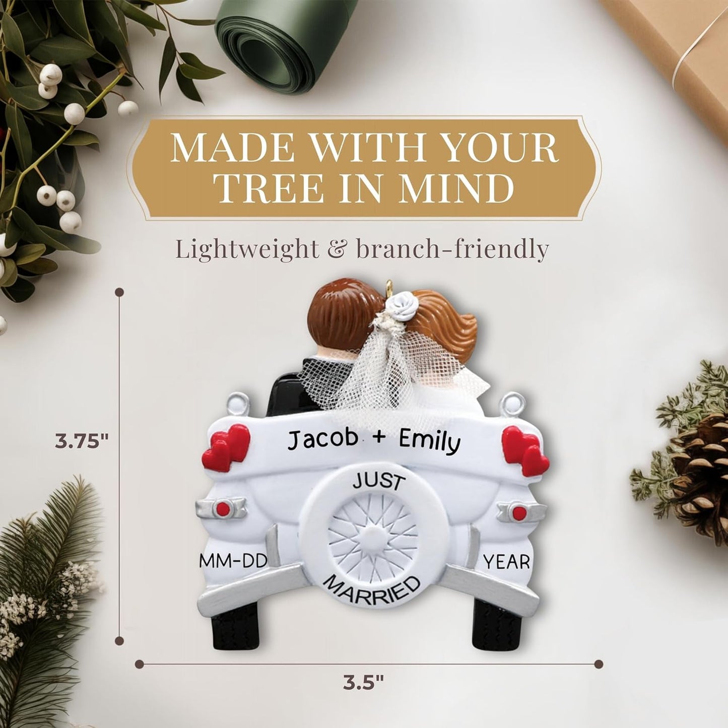 Personalized Wedding Ornament 2025 | Free 24h Customization | Laser Engraved Couple Christmas Ornaments for Tree | Custom Gift Wrapped Just Married Car Keepsake for Newly Weds