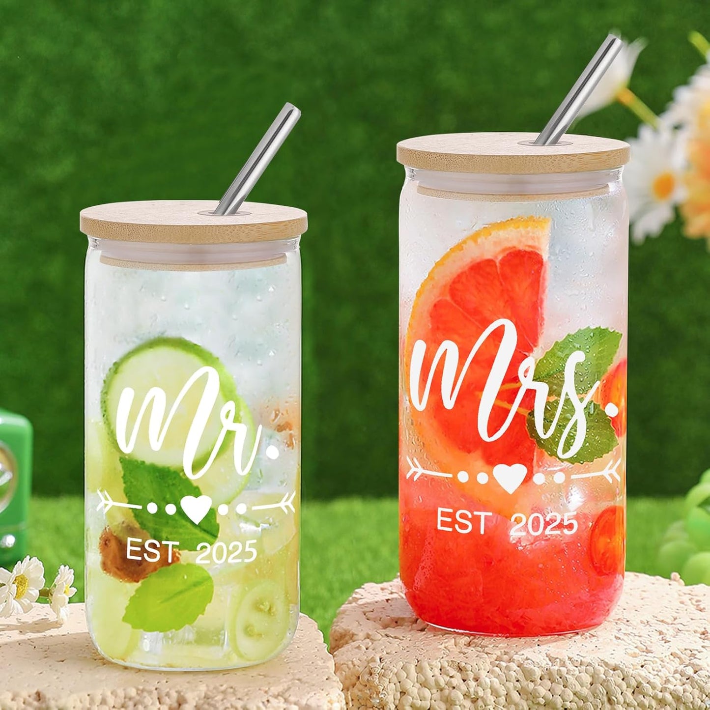 Mr & Mrs Coffee Cups 2025 Gift Set, Wedding & Engagement Gifts for Couples - His & Hers Glass Tumbler Set With Straw