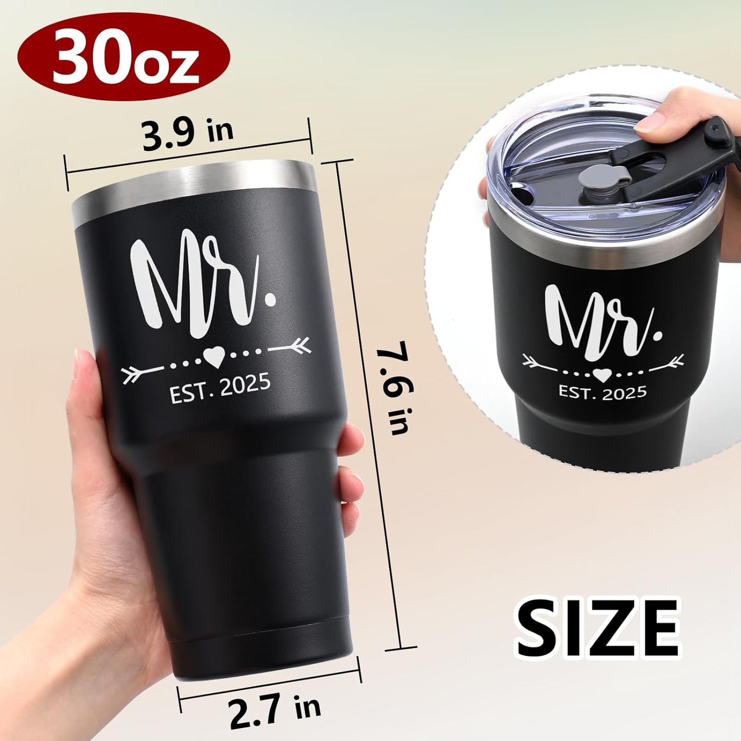 Gtmileo Mr and Mrs Gifts, Mr and Mrs EST 2025 Stainless Steel Insulated Tumbler Set, Wedding Gifts for Couples Bride To Be, Mr and Mrs Cups, Bridal Shower Gifts Wedding Registry(30oz, Black&White)