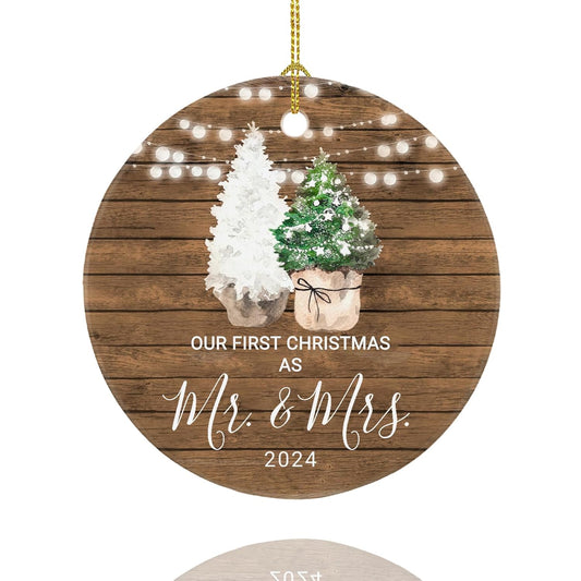 Our First Christmas Keepsake Ornament 2024, Just Married Gift for Newlyweds, Ceramic 1st Christmas Married Ornament with Ribbon and Gift Box