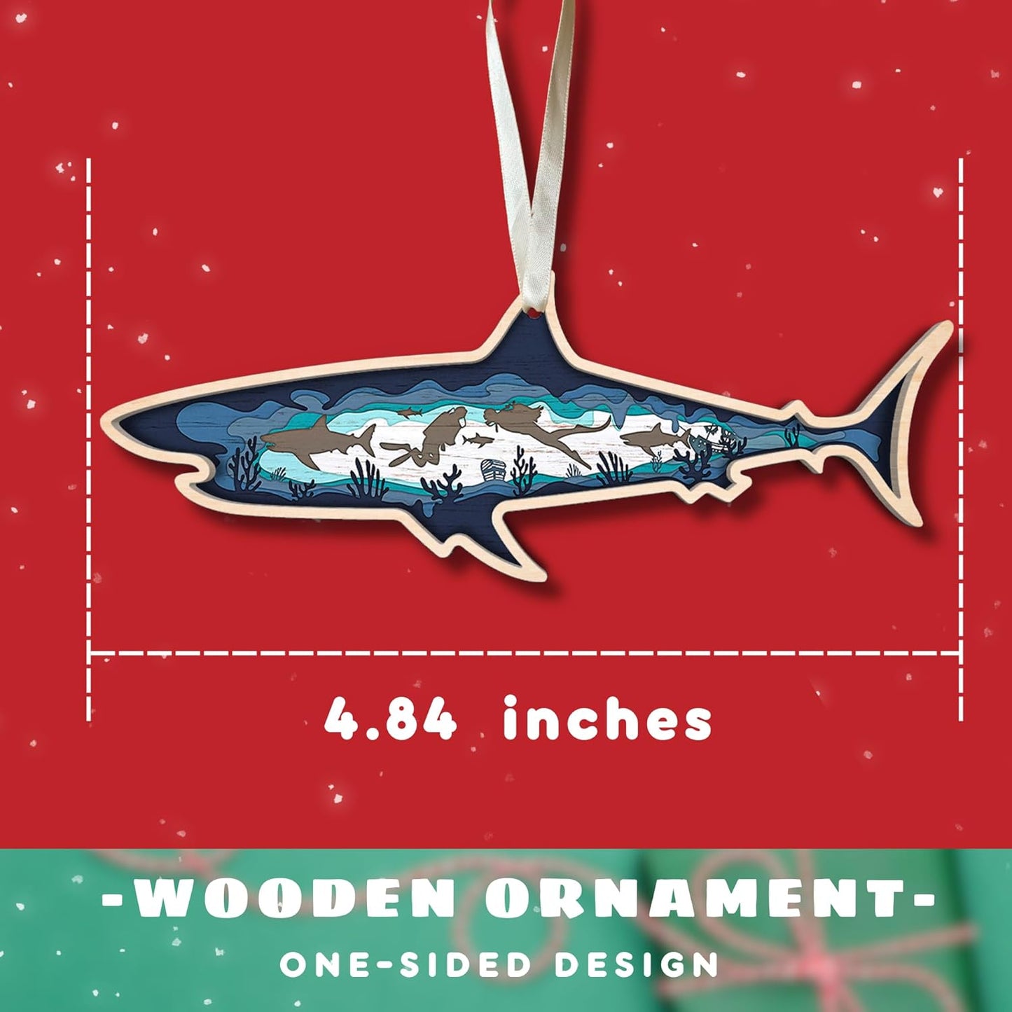 Shark Christmas Ornament - Shark Ornament - Shark Ornaments for Christmas Tree - Shark Gifts, Shark Gifts for Women, Men - Shark Themed Gifts, Gifts for Shark Lovers - Wood Ornament
