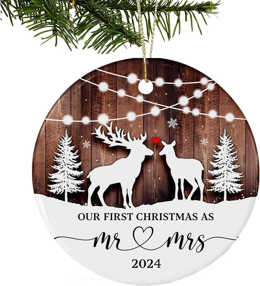 Our First Christmas Ornament 2024, Just Married as Mr & Mrs, First Year Newlywed 2.9" Ceramic Round Ornament, Wedding Decoration for Couple