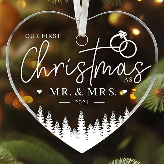 First & 1st Xmas Married Ornament - Newlywed Wedding Mr & Mrs - Acrylic Ornament 2024