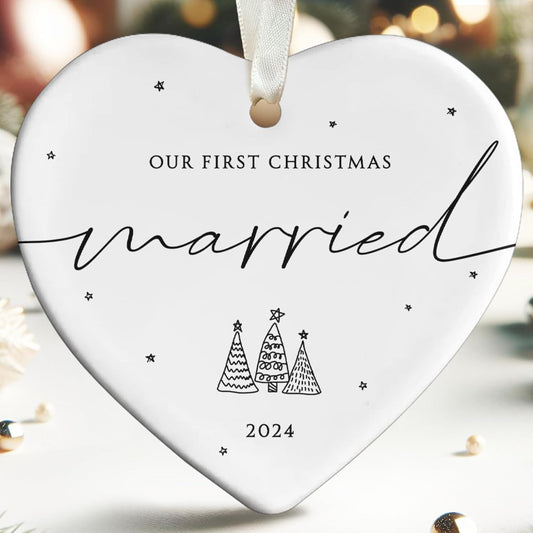 Our First Christmas Married Ornament 2024 - Wedding Ornaments, 2024 Wedding Newlywed Christmas Ornaments 2024 - Ceramic Ornament