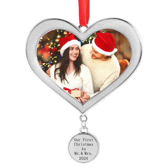 Metal Our First Christmas as Mr. and Mrs. 2024 Picture Frame Ornaments for Tree Stocking Decorations, Personalized Xmas Married Photo Frame Ornament Keepsake, Christmas Wife Husband Gifts Ideas