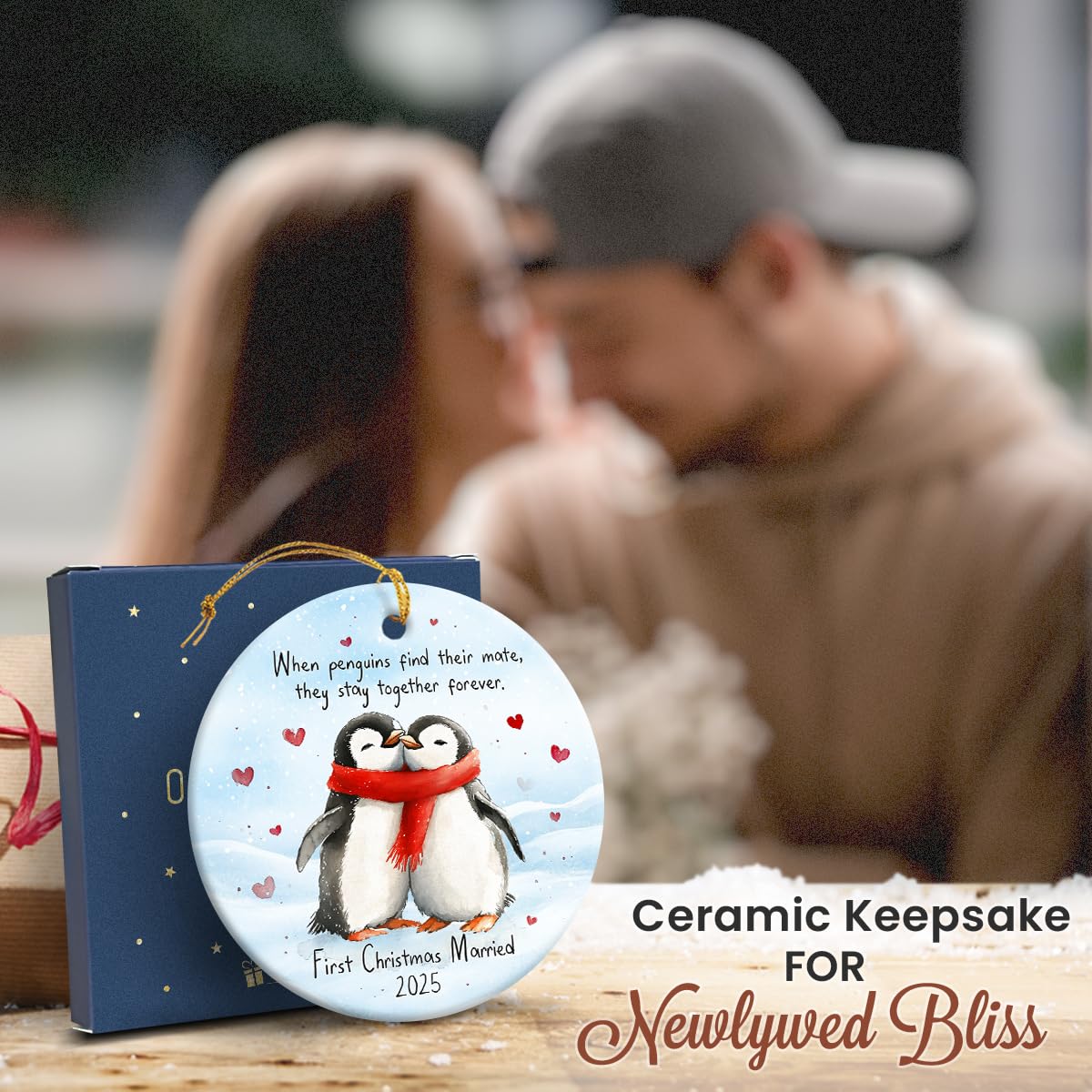 First Christmas Married Ornament 2025 - Wedding Gifts for Newlyweds, Double Sided Ceramic Ornament for Christmas Tree Decorations, Gifts for Newly Engaged Couples, Gift for Bride