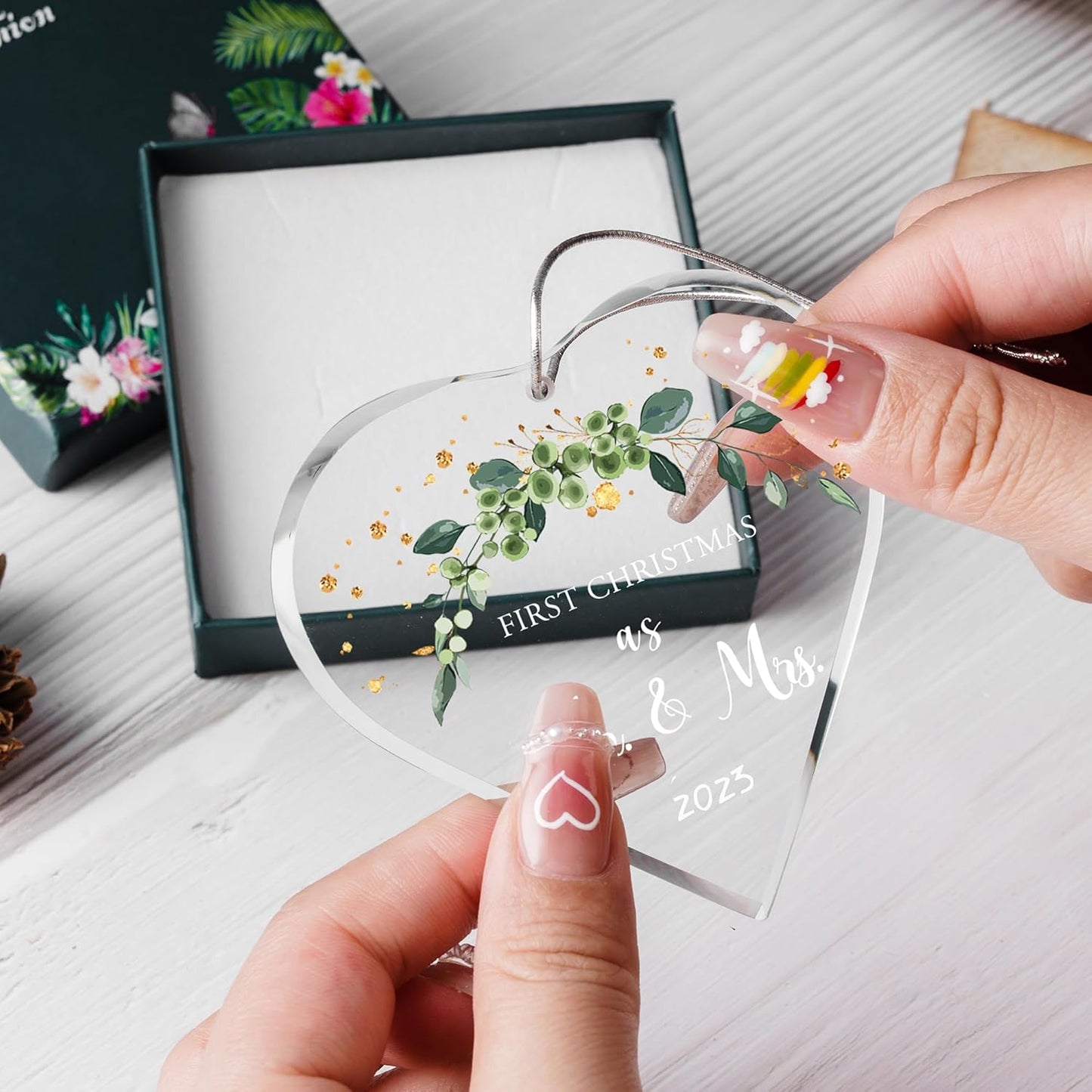 Wedding Gifts for Couple Christmas Ornaments Tree Hanging Decoration Newlywed Married Christmas 2023 Our First Christmas as Mr. and Mrs. Ornament (Glass Green Leaves)