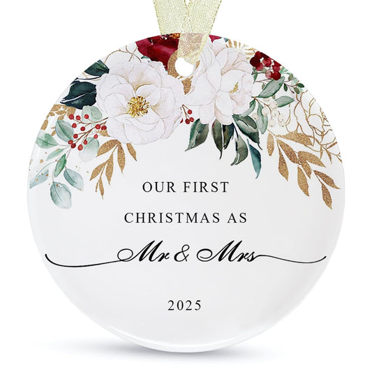 First Christmas as Mr and Mrs Ornament 2025,1st Year Wedding Ornament for Newlywed,Our First Married Christmas Ornament,Ceramic Hanging Decoration for Couples Just Married with Gift Box&Ribbon 2.9"