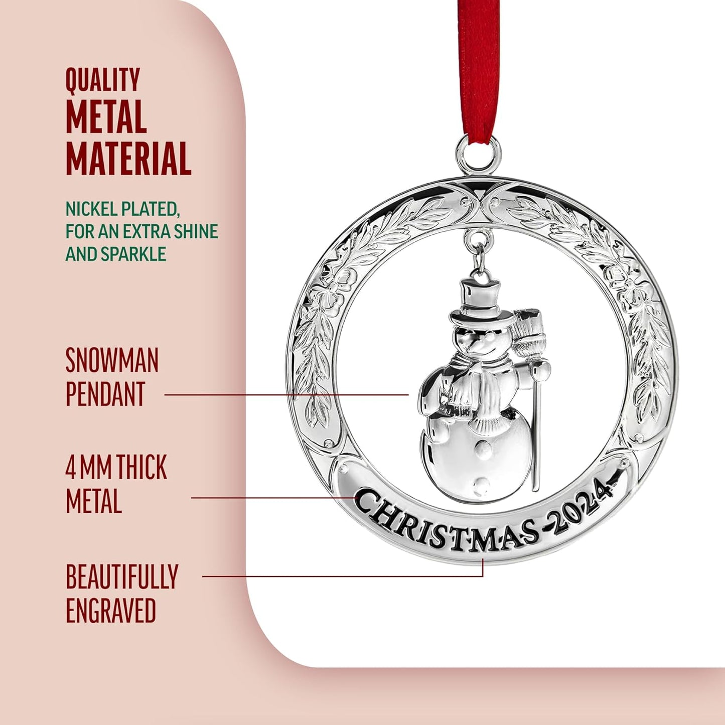 Klikel Christmas Ornament 2024 - Shiny Silver Christmas Ornament 2024 Wreath with Snowman - Dated 2024 Christmas Ornament - 2024 Ornament for Christmas Tree - Snowman Ornament for Holidays 2024